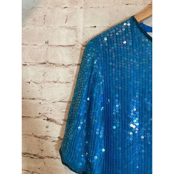 Vintage Saks Fifth Avenue Top Women Large Natural Silk All Over Sequin & Beading - Picture 4 of 12